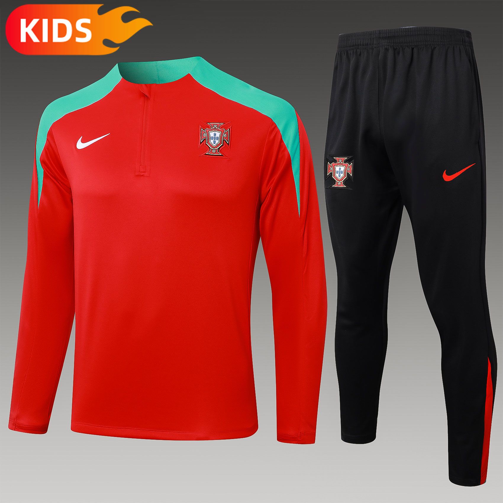 1e1068f6656c43f9b6939b7772a622b2.jpg 2024/2025 Portugal Half-Pull Training Wear Red Football Shirt Kids Size - Image 1