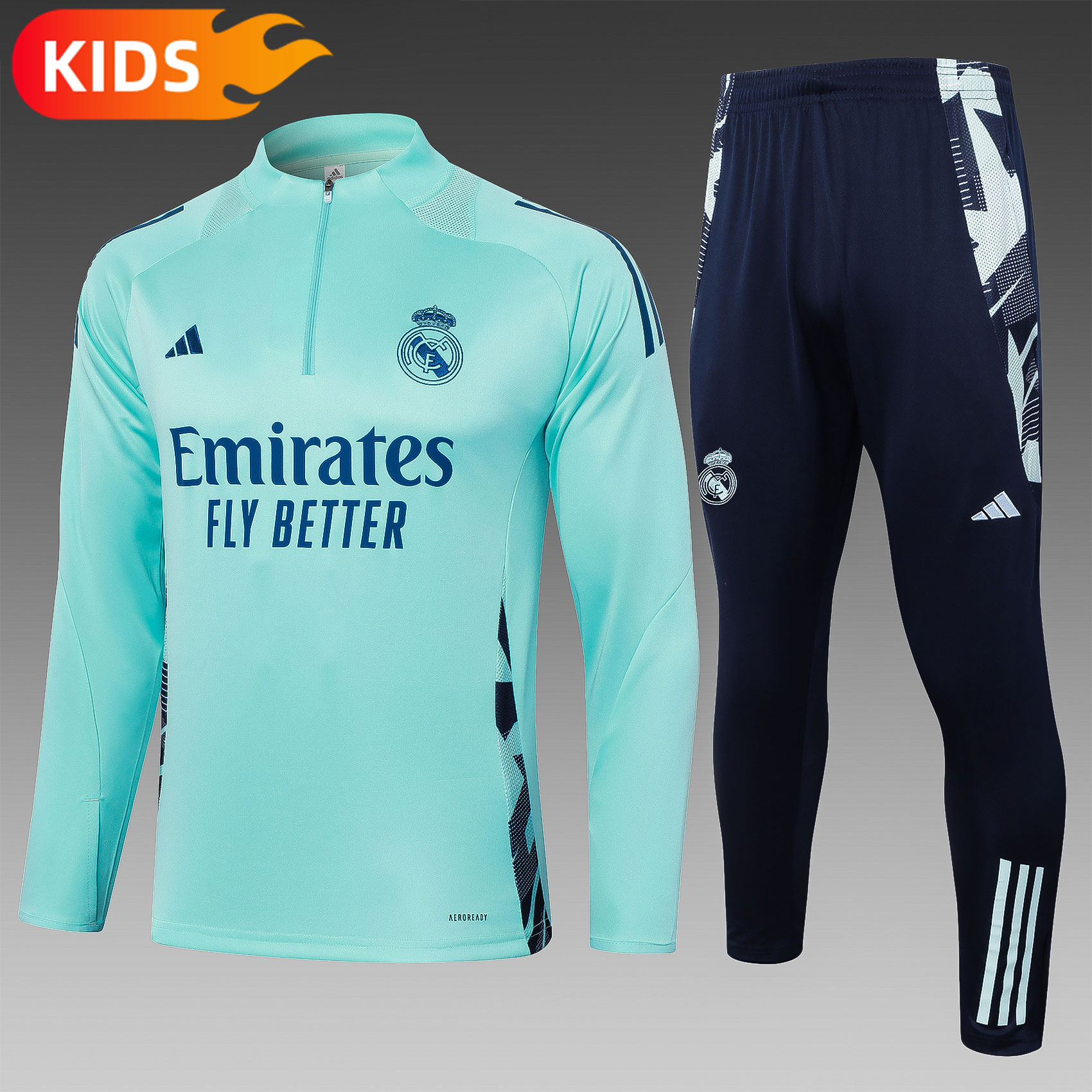 250c65db0f21a0875906241c1456f0e5.jpg 2024/2025 Real Madrid Half-Pull Training Wear Light Green Football Shirt Kids Size - Image 1