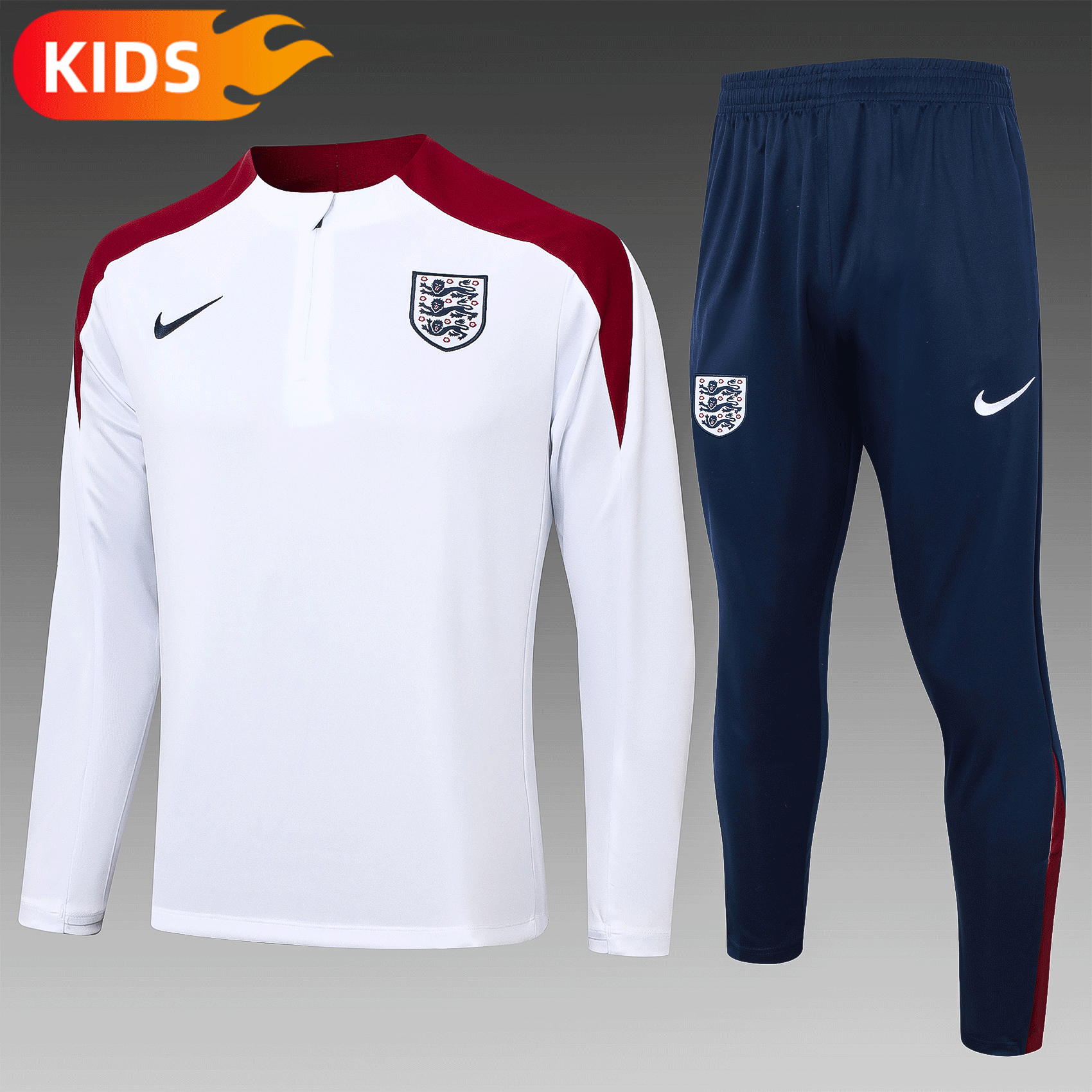 76a92555512f18b76eada5437a3edc5a.gif 2024/2025 England Half-Pull Training Wear White Football Shirt Kids Size - Image 1